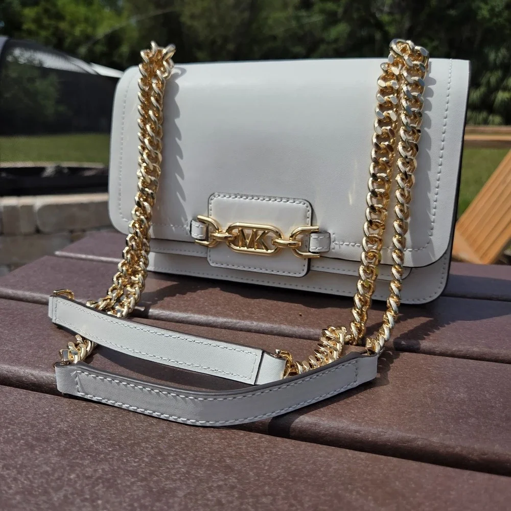 Michael Kors White Heather Logo Crossbody Bag Gold Chunky Chain Hardware - Picture 3 of 16